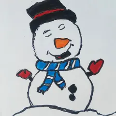 A close-up of the finished snowman drawing, complete with a top hat, a cozy scarf, and a happy smile.
