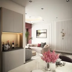 A 3D render of a neo-classic living and dining area. This visualization helps clients see how furniture, colors, and lighting will come together, allowing for adjustments before we finalize the design.