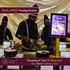 A glimpse of our live Galawati Kebab station, where our chefs prepare these melt-in-your-mouth delicacies for your guests. We invite you to book a free tasting session to experience the culinary luxury we offer for your wedding day.
