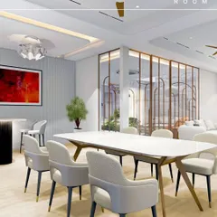 This living and dining room in a luxury penthouse combines comfort with elegance. The space features a modern dining set, a cozy bar nook, and decorative partitions that define the area without closing it off, perfect for family gatherings.