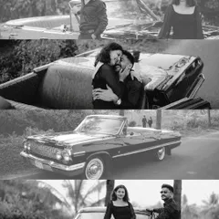 A black and white collage capturing the cool, retro vibe of a couple's shoot with a vintage convertible in Goa.