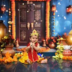A serene moment with our little Krishna playing his flute. I focus on creating a peaceful and authentic atmosphere for these special cultural shoots.
