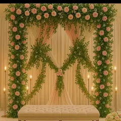 This elegant photo backdrop features a lush arch of pink roses and fresh greenery against soft drapery. The warm glow from the candle stands creates a romantic atmosphere, perfect for an engagement party, anniversary celebration, or a beautiful seating area for guests.