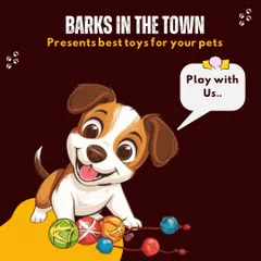 This cute graphic invites you and your pet to "Play with Us." It illustrates the fun and excitement my toy collection can bring, featuring an animated puppy with a variety of colorful toys.