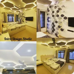 A collage showcasing the unique hexagon-themed bedroom design, highlighting the feature wall, ceiling, and overall aesthetic.