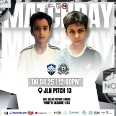 Matchday announcement for our U13 team's game in the HCL Delhi Future Stars Youth League, featuring two of our young players ready for the challenge.