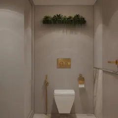 A modern luxe bathroom design featuring a serene blend of warm beige tones, marble textures, and soft lighting to create a calming spa-like atmosphere. A floating vanity, wall-mounted WC, and brushed gold fixtures add sophistication.