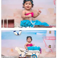 Two beautiful portraits of a baby girl in her mermaid costume. The top photo shows her playing with a string of pearls, while the bottom one features a charming lighthouse and boat prop.