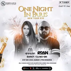 The official poster for the "One Night in Paris" New Year's Eve bash. This was a massive event with unlimited food, drinks, and non-stop Bollywood music.