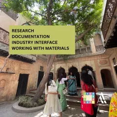 Our summer internship announcement highlights the core activities: research, documentation, industry interface, and working directly with materials. This image captures students on a site visit, fully engaged in the architectural context of a heritage building.
