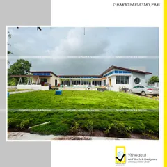 The Gharat Farm Stay in Pali, where my goal was to build in harmony with nature. This wide view shows how the structure integrates with the lush landscape, featuring expansive lawns and open architecture that respects the natural contours of the land.