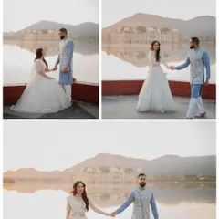 A collage of Amrit and Gagan at Jal Mahal during the golden hour. The reflection of the palace in the water and the warm light make this one of the most romantic pre-wedding locations in Jaipur.