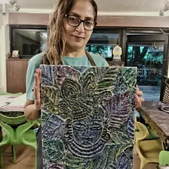 This unique artwork of a deity was made using a 3D texture technique. The student explored a new way to express her devotion, creating a piece that is rich in both spiritual meaning and artistic style.