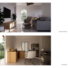 Interior renders for the "Vault House," showing a bright, modern living room and kitchen. The design proves that even on a very small plot, it's possible to create spacious and light-filled living areas.