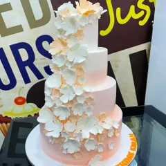 A sophisticated 7kg three-tiered cake with a soft pink ombre effect, featuring a cascade of handmade white and peach sugar flowers.