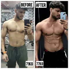 A clean 6kg muscle gain, going from 71kg to 77kg. This front view shows how we added size to the chest and shoulders while keeping the midsection lean. This is what a successful lean bulk looks like.