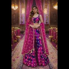A frontal view showcasing the full outfit, including the sheer pink dupatta with gold star motifs. This lehenga is a perfect blend of traditional colors and contemporary design.