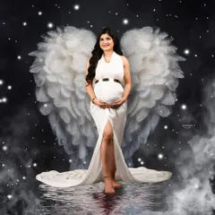 A heavenly portrait where I've added beautiful, soft angel wings to the mom-to-be. This creative touch, combined with the white gown and starry effects, creates a truly angelic image.