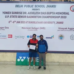 Victory at the U.P. Senior State Championship. My player Himanshu Mittal stands proud after winning the men's doubles title, a testament to his hard work and dedication.