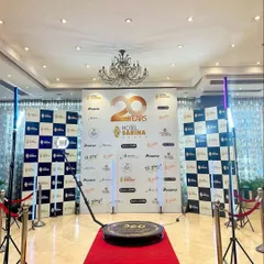 Here is my setup for Hotel Sarina's 20th-anniversary celebration. The booth was placed in front of the main event backdrop, ensuring the hotel's branding was featured prominently in every 360 video.