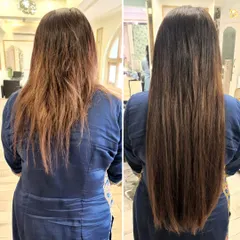 A common concern is hair that looks tired or damaged. In this before and after, you can see how I used premium human hair extensions to create a seamless, healthy, and polished look, completely revitalizing her style.