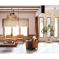 A render for an upcoming duplex in South Bangalore, designed with a distinctly Indian theme. This view shows the living area with a traditional jhula, repurposed vernacular columns, and an exposed brick wall.