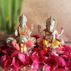 This Lakshmi-Ganesh pair is beautifully detailed with colorful enamel clothing and seated amidst a bed of pink rose petals. The idols radiate a warm, festive energy, perfect for Diwali prayers and year-round blessings.