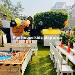 A custom-designed sandpit for a "construction" themed party. We can tailor our equipment to fit your specific party theme, complete with themed toys and surroundings.