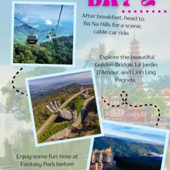 On Day 2, we journey to Ba Na Hills via a scenic cable car. The day is filled with exploring stunning sights like the Golden Bridge and Linh Ung Pagoda, soaking in inspiration from every angle.