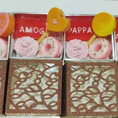 Look how colorful and fun these soap boxes are. I can create custom gift boxes with a mix of my novelty soaps, including cupcake soaps, donut soaps, candy soaps, and even soaps with personalized names.