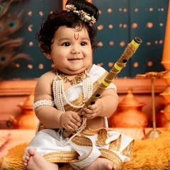 The sweetest Little Krishna with a joyful smile, holding his flute in a grand, temple-like setting. This is one of my favorite themes to create.