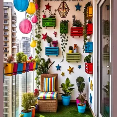 This design uses colorful crate-style wall planters, paper lanterns, and star decorations to create a festive and eclectic vibe. The striped cushion on the wicker chair ties all the bright colors together.