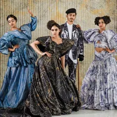 A group shot for an international marble company, where the models' poses and high-fashion gowns complement the artistic textures of the marble backdrops. This demonstrates my ability to manage and direct a team for complex campaign imagery.