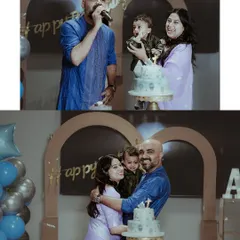 A collage of photos from a child's birthday party, showing the family celebrating together. These images capture the joy of cutting the cake and the warm hugs shared between family members.