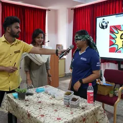 It's game time during our workshop at Ramaiah University. We incorporate fun, interactive elements like sensory games to make learning about nature and gardening a memorable experience for students.