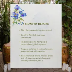 Four months before the big day, we finalize the finer details. This includes planning the pre-wedding photoshoot, confirming florists, and preparing detailed timelines for all vendors.