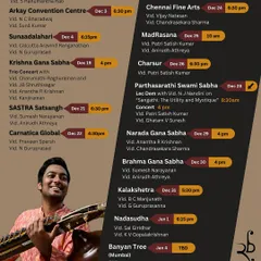 My concert schedule for the Dec-Jan Margazhi music season. This is always a busy and exciting time of year for musicians and rasikas in Chennai.