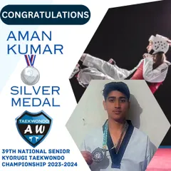 Aman Kumar celebrating his Silver Medal win at the 39th National Senior Kyorugi Taekwondo Championship.