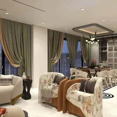 This wide-angle 3D render showcases the open-concept layout of the drawing and dining areas in the Hemkunt project, designed for seamless flow and sophisticated living.