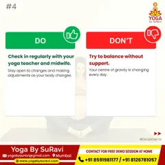 During pregnancy, it's important to check in with your yoga teacher and avoid balancing poses without support as your center of gravity changes.