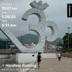 A 15 km run in my hometown, Haridwar, with the iconic Om sculpture in the background. Running along the Ganga is a spiritual experience that rejuvenates my soul. I always make time to train, no matter where I am.