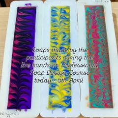These three stunning soap loaves, each with a unique swirl pattern, were made by participants during a single Professional Soap Design Course.