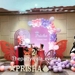 For a truly magical celebration, I created this huge Fairy Tale Butterfly theme. It features large wooden butterfly wings, fairy silhouettes, and beautiful balloon columns in pastel pinks and purples to create a dreamy backdrop for your little one's special day.
