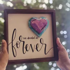A beautiful piece to celebrate love that lasts forever. This framed wooden sign, with hand-painted calligraphy and a 3D heart, was created to mark a special 28th wedding anniversary.