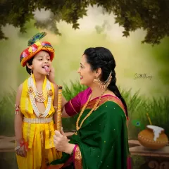 A playful and tender moment in our Krishna-themed shoot, where the older sibling, dressed as Krishna, interacts with his mother. It’s a beautiful way to include the whole family in a creative concept.
