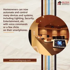 A home entertainment area is enhanced with smart automation. From this tablet, the homeowner can control lighting, security, and entertainment systems using a few clicks or simple voice commands, creating the perfect atmosphere for any occasion.
