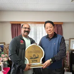 Presenting a memento from our federation to Hanshi Minoru Nakazato at the Honbu Dojo in Okinawa. It is important for us to show our gratitude and maintain a strong connection with the world headquarters of our style.