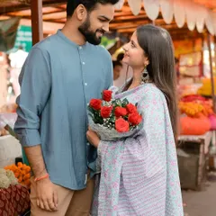 A beautiful portrait taken in a bustling Jaipur flower market. The vibrant colors of the flowers create a stunning backdrop for the couple's romantic gaze.