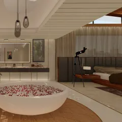 An open-concept primary suite where the bedroom flows into a luxurious bathroom. A freestanding bathtub is positioned for relaxation, while a skylight allows for stargazing from the comfort of the room.
