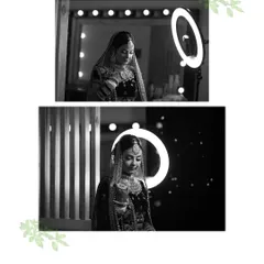 A diptych of black and white bridal portraits taken in front of a makeup mirror with a ring light. This layout shows different angles of the bride getting ready, capturing the anticipation of the moment.